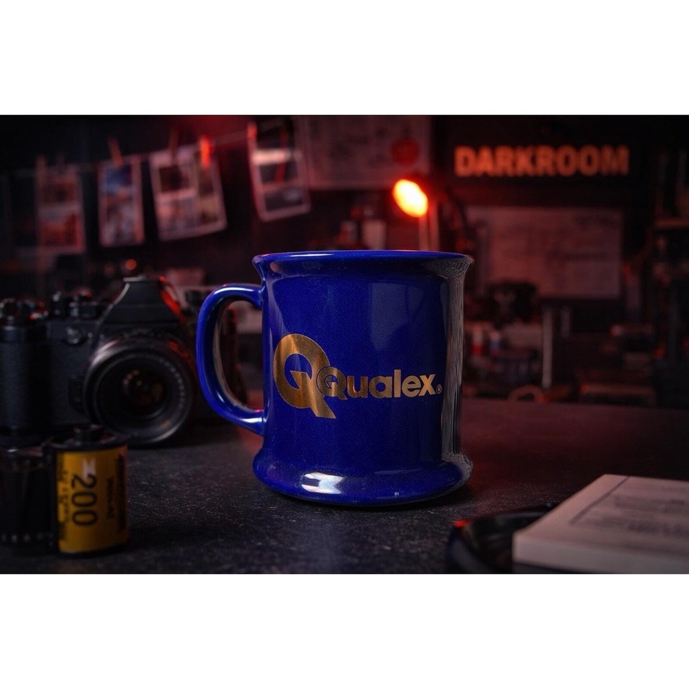 Qualex Kodak Blue Coffee Mug Gold Logo Photo Lab Film Processing Advertising VTG